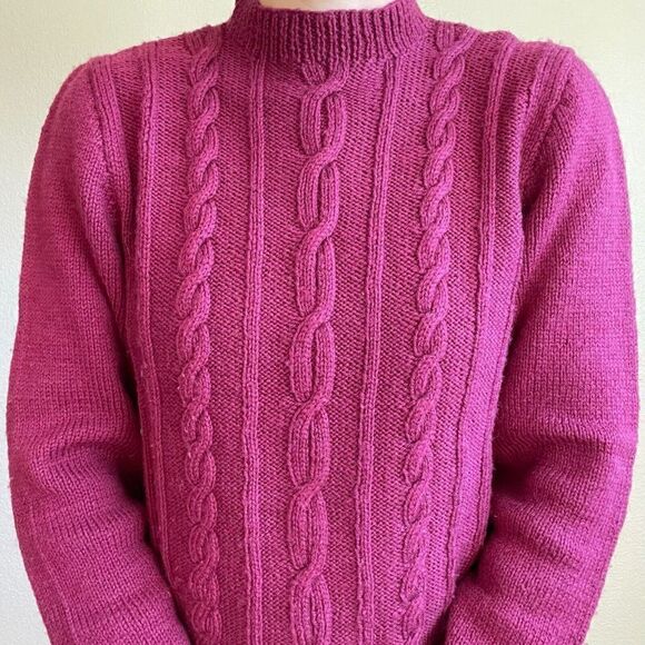 Hand Knit Maroon Red Cable 100% Wool Chunky Knit Mockneck Sweater Sz M - Picture 6 of 6